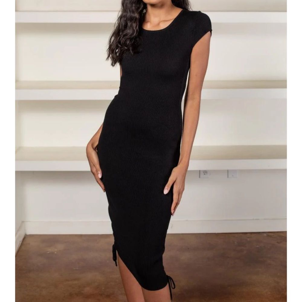 NWT Zinnia Ribbed Adjustable Ruched Side Tie Cap Sleeve Midi Dress, Size S